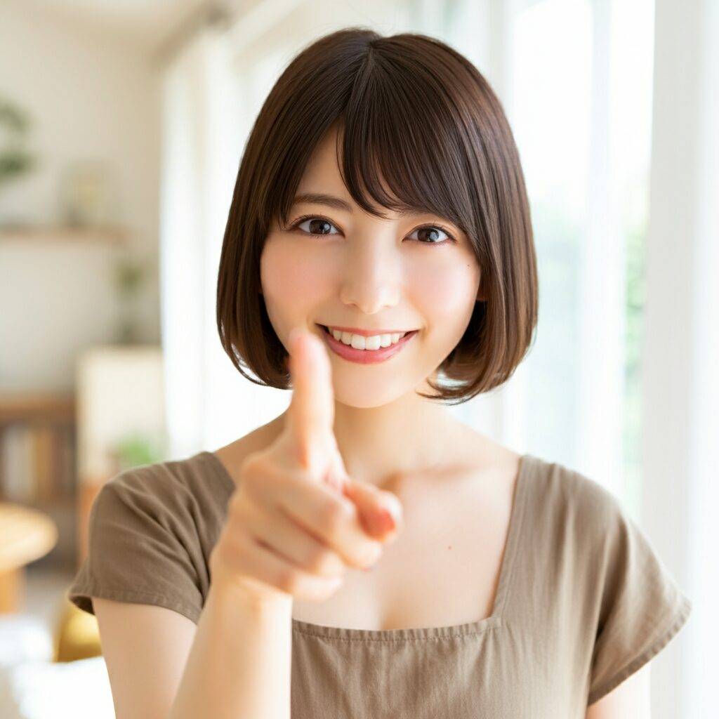 女性がいこちらに向かって人差し指を向けている