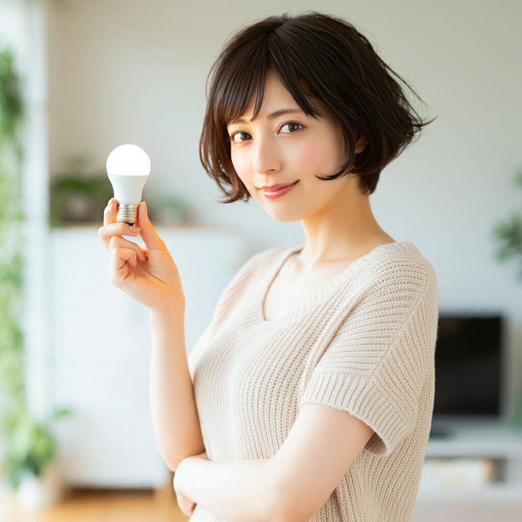 女性が電球を手にこちらを微笑んでいる