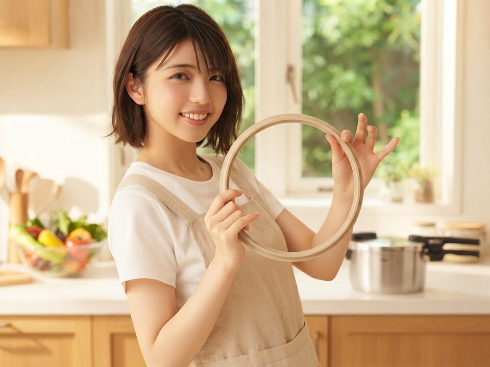 女性が圧力鍋のパッキンを手にしている