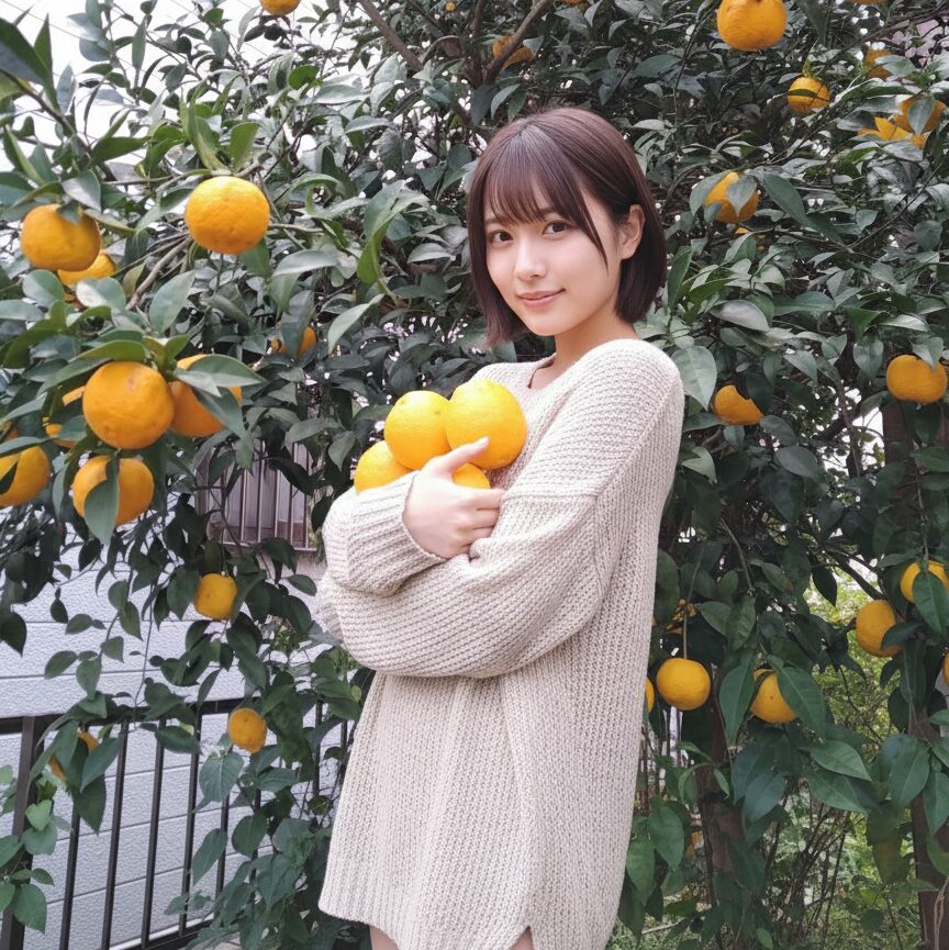 柚子を女性が抱えている