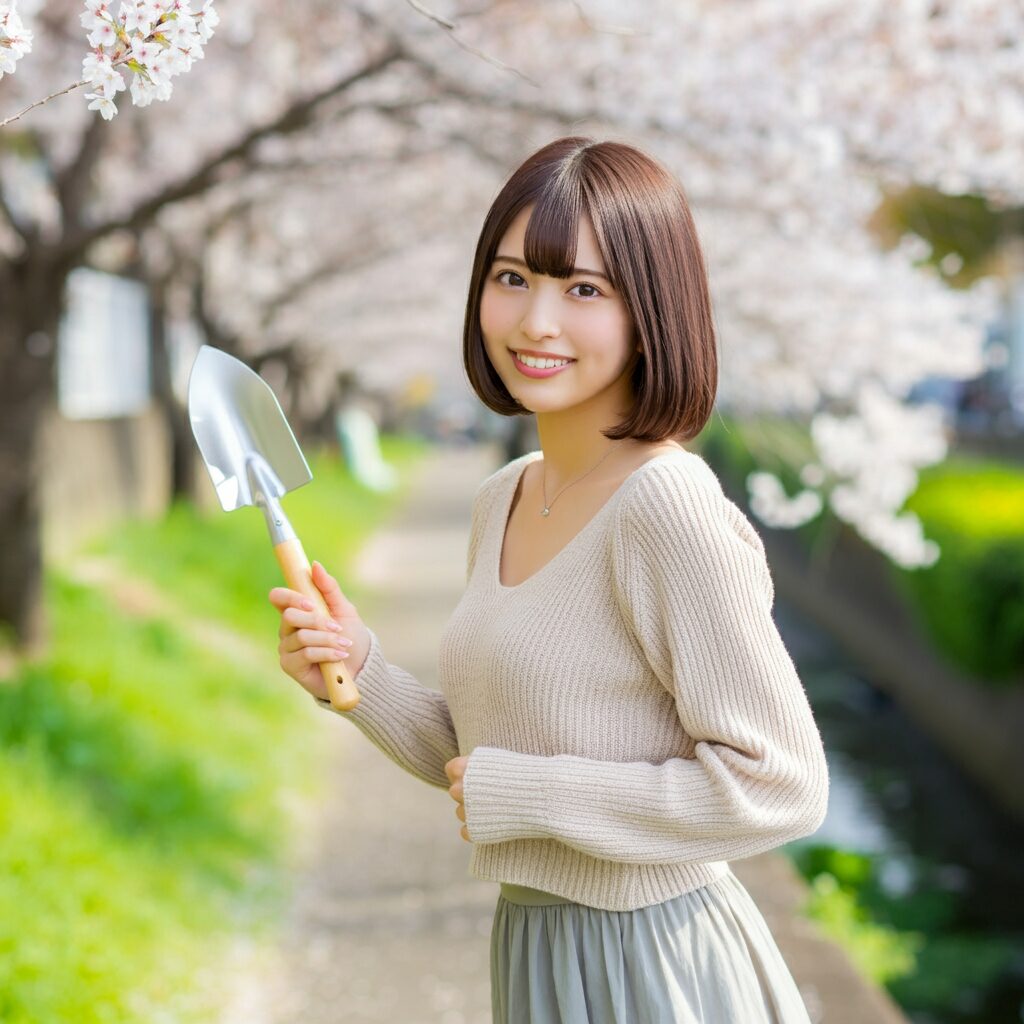 女性が桜の咲くなかでスコップを持っている