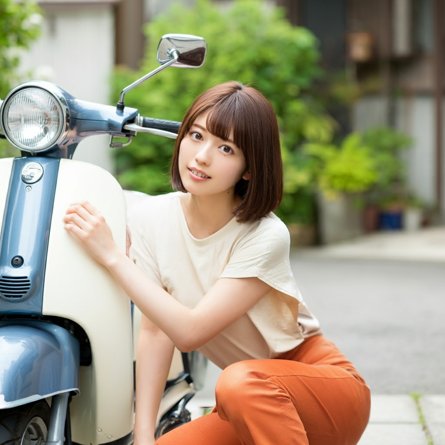 女性が原付バイクの横にいる