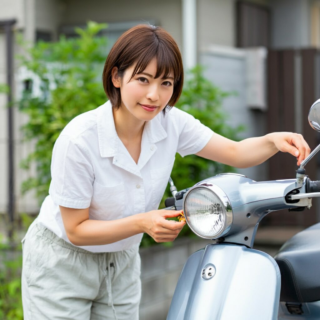 女性がヘッドライトを外そうとしている