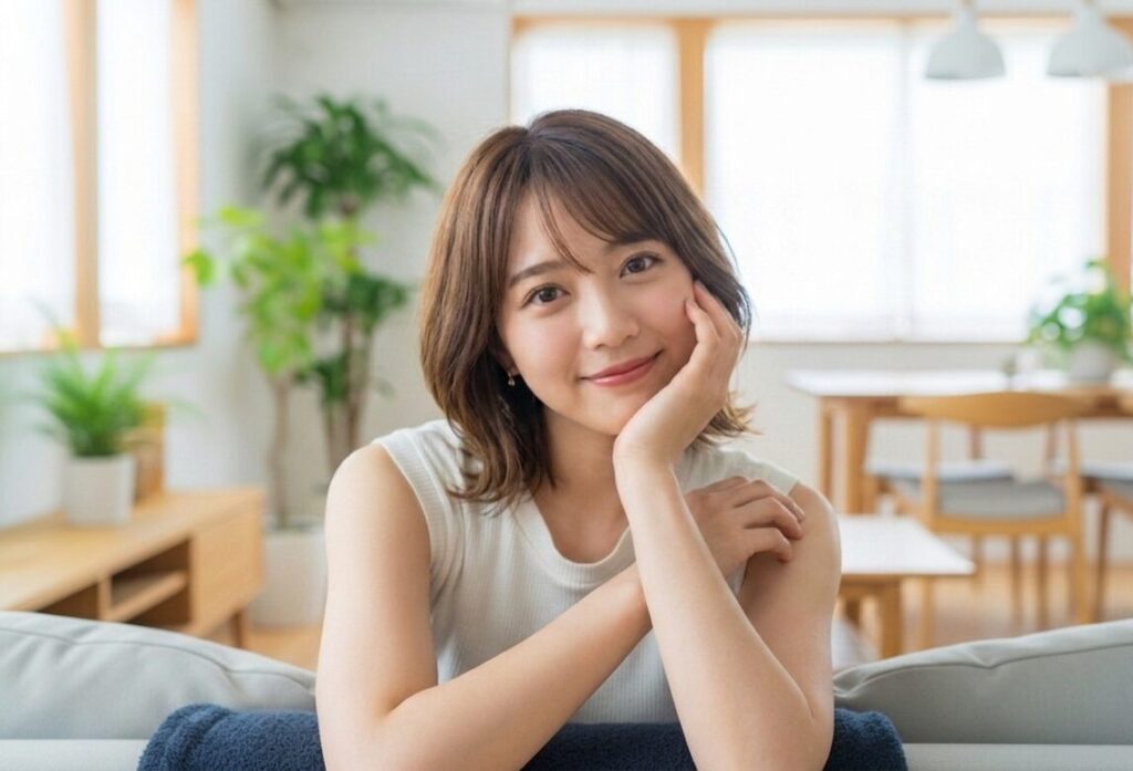 女性が頬杖をついている