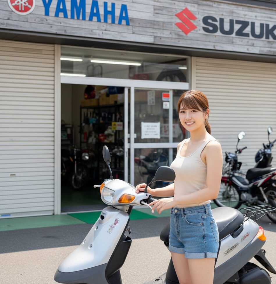 バイク屋の前に来ている女性