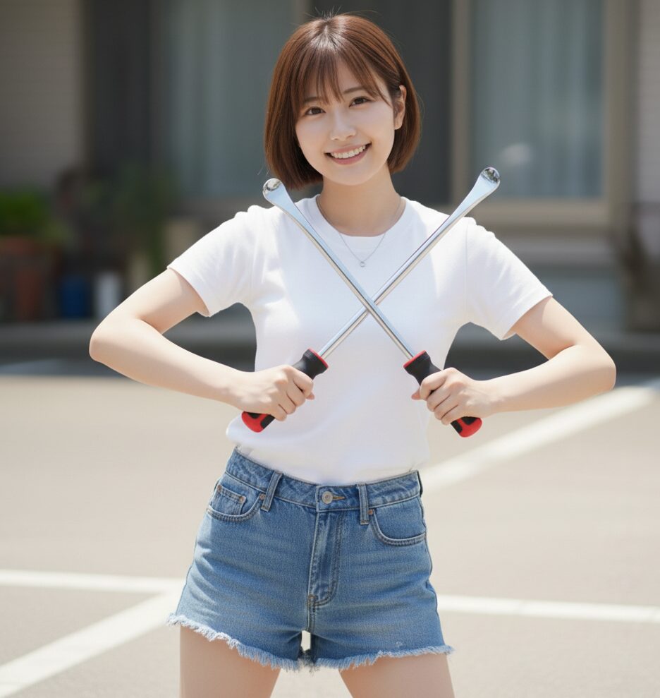 女性がタイヤレバーを持っている