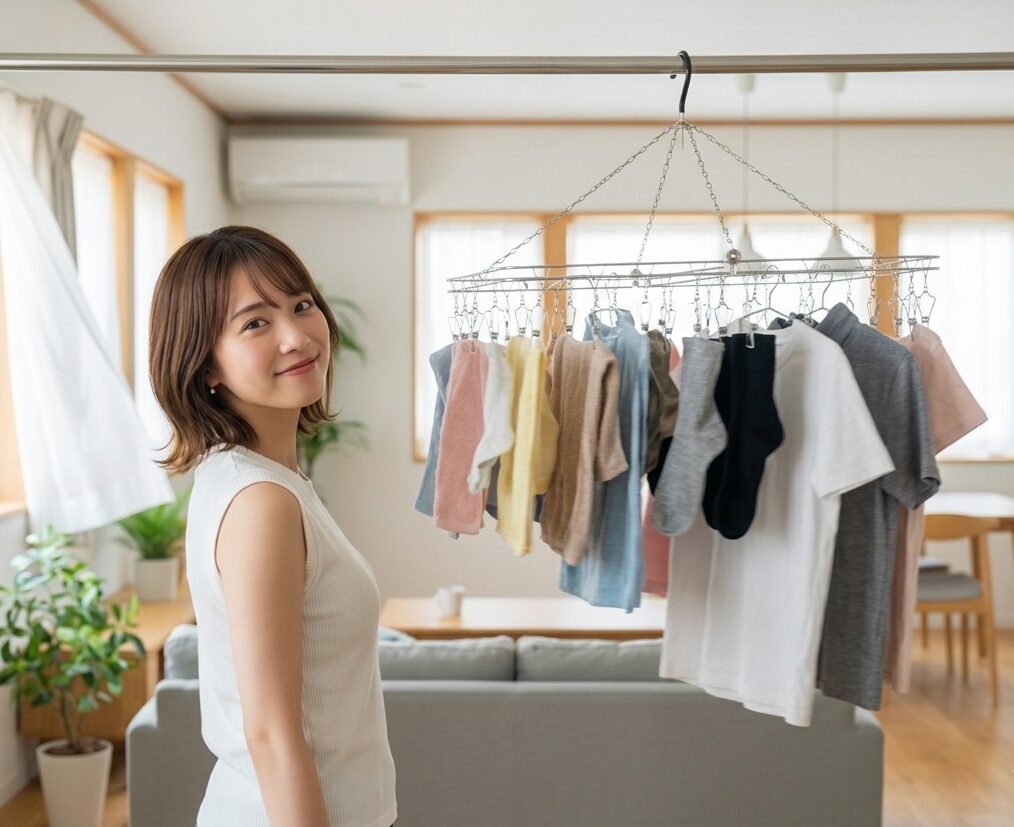 女性が干した洗濯物ものを見つめている