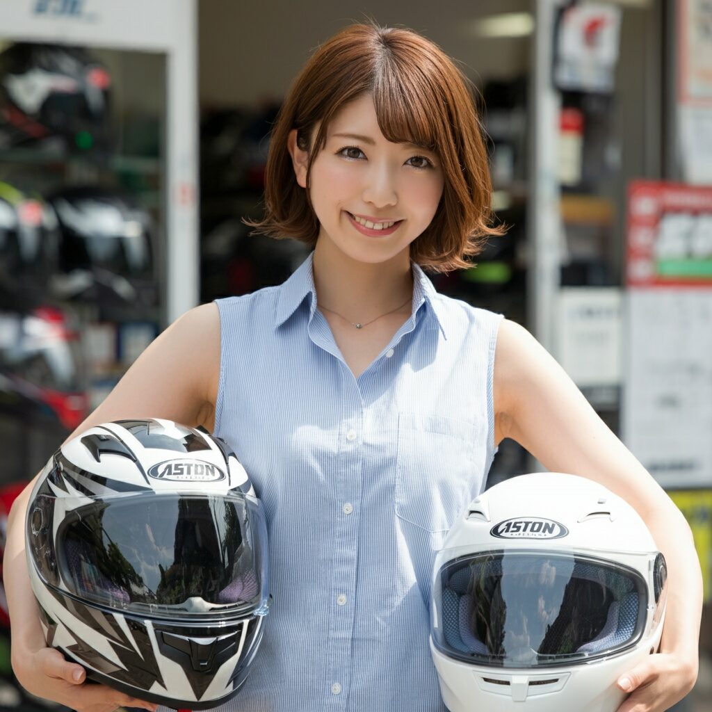 女性が2つヘルメットを手にしている。