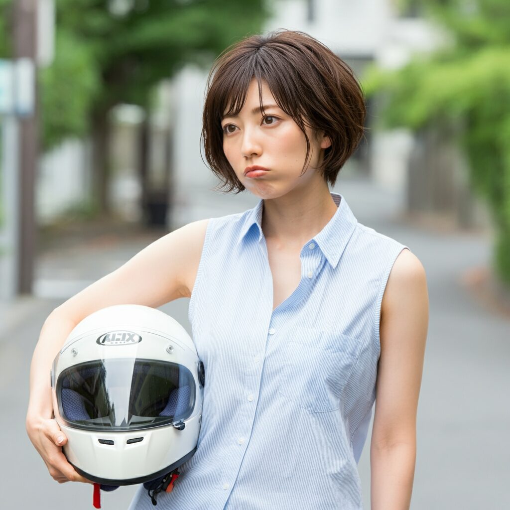 女性がヘルメットを手にしてつまらなそうにしている。