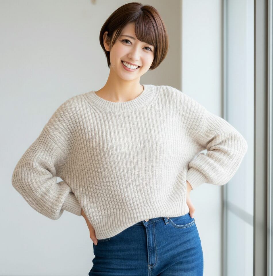 女性がズボンのチャックがあがって喜んでいる