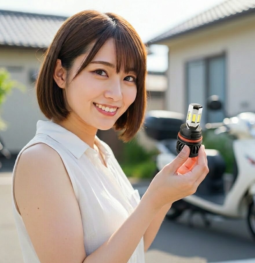 女性が手にバイクのＬＥＤランプを持っている