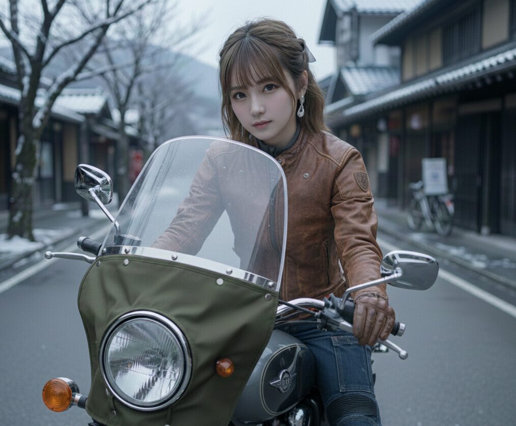 女性がバイクにまたがっている