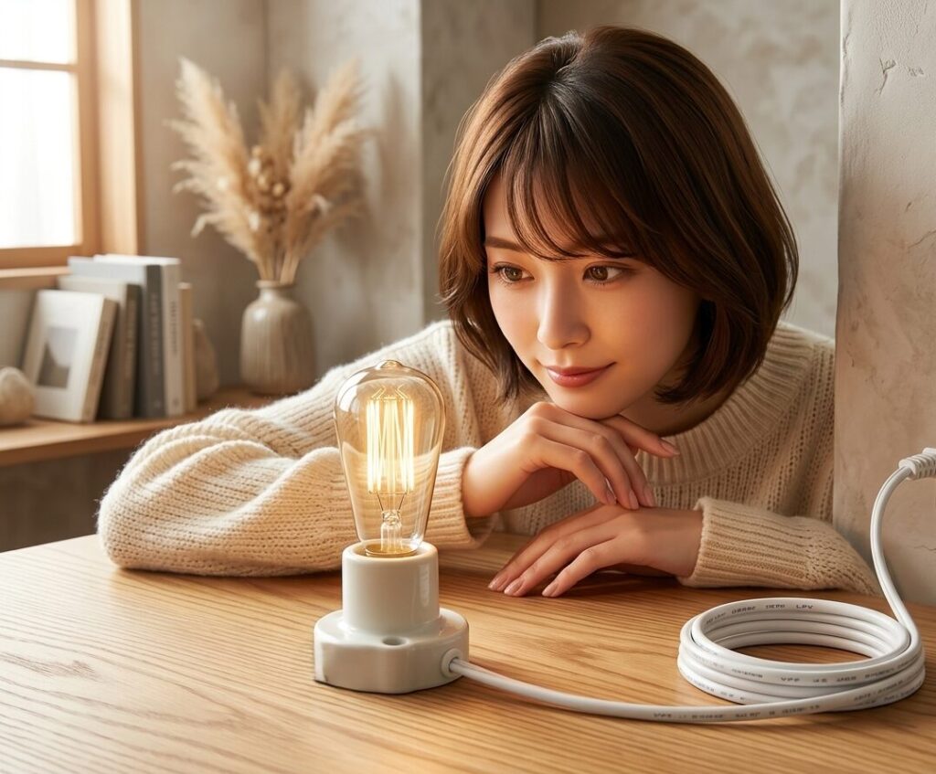 女性がレセップの電球を見つめている