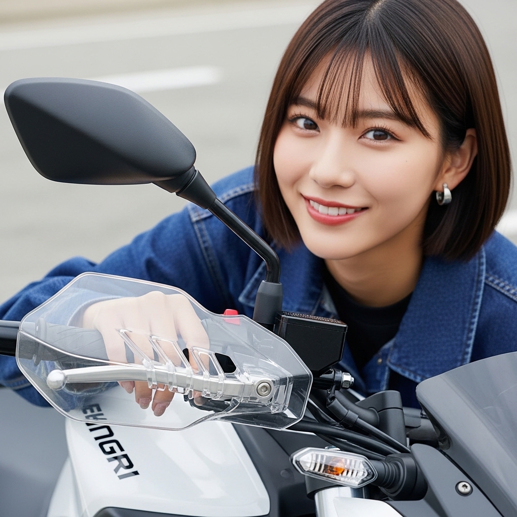 女性がナックルガードつきのバイクに跨っている