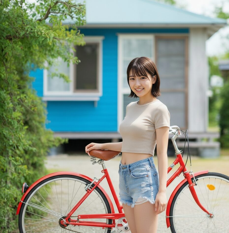女性が赤い自転車に手をかけている