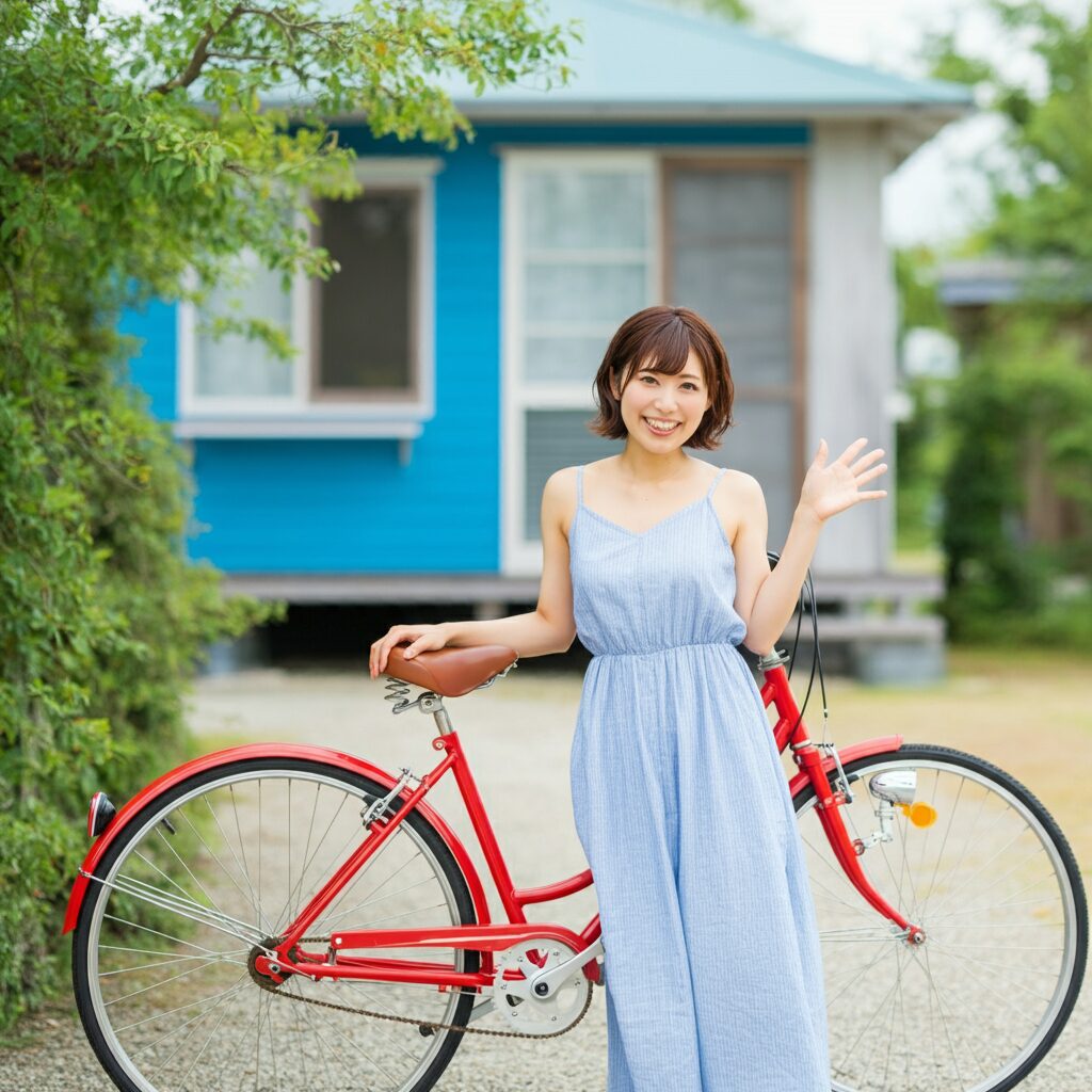 女性が自転車の前でポーズをとっている