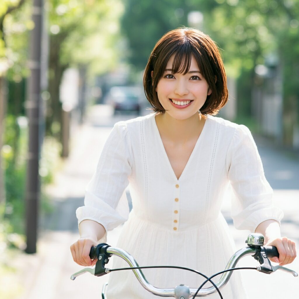 女性が嬉しそうに自転車に乗っている