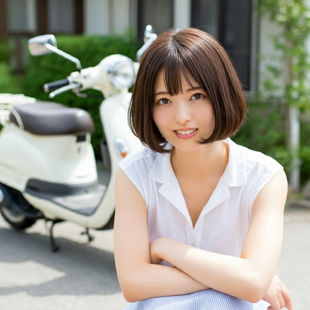 女性がバイクの前で腕を組んでいる