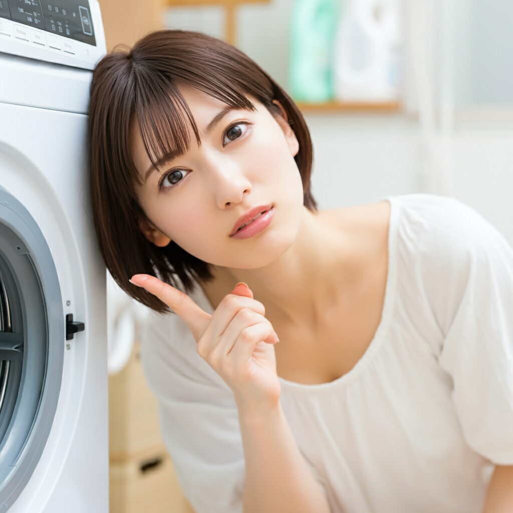 女性が洗濯機に向かって人差し指を当てている