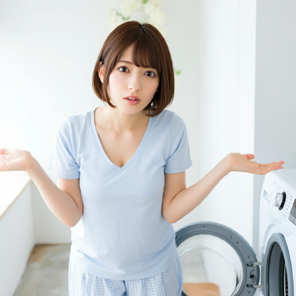 洗濯機のホースが外れて水が床にこぼれていて女性が困っている