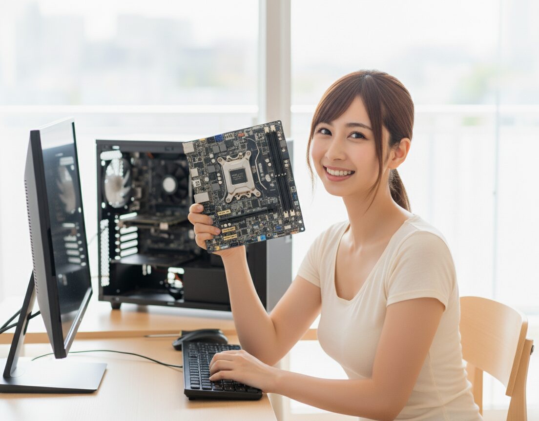 女性がマザーボードを手にしている