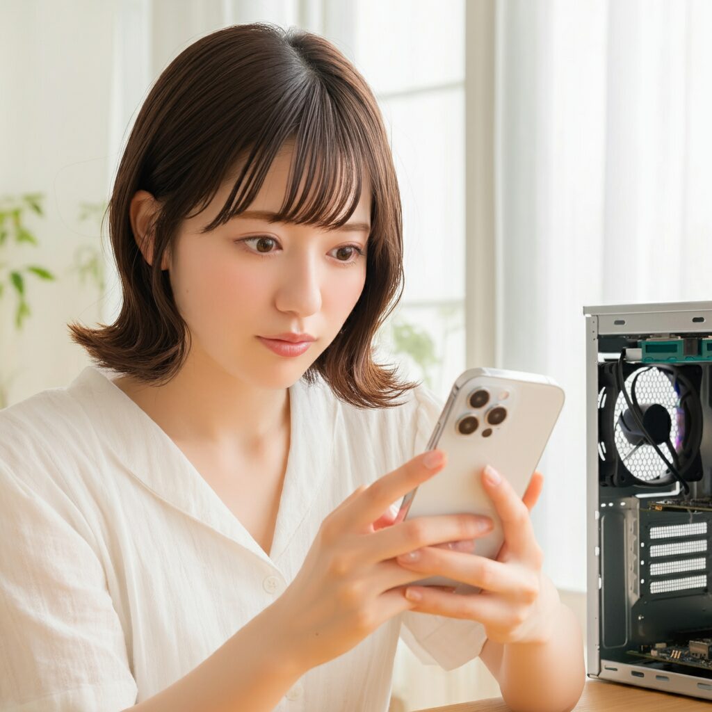 スマホを見つめながら調べ事をしている女性