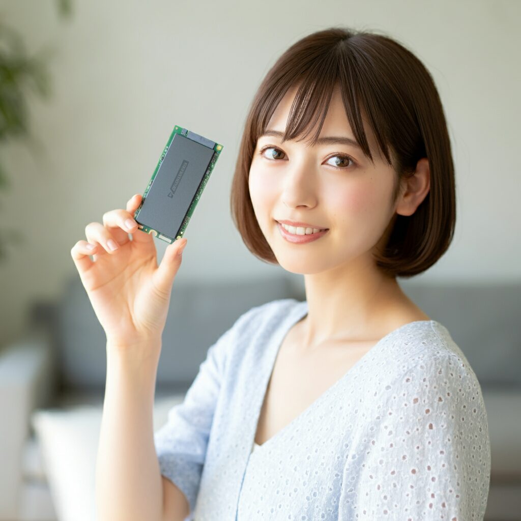 M.2のSSDを手にして微笑んでいる女性