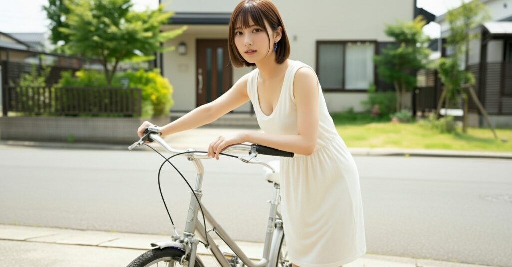 女性が自転車を引いている