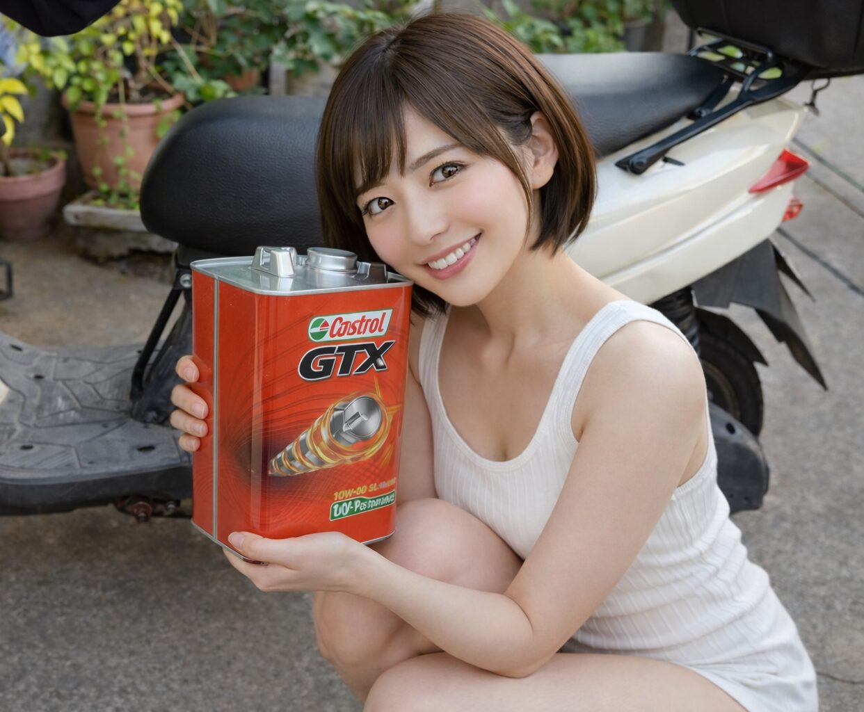 女性がエンジンオイルを持って微笑んでいる