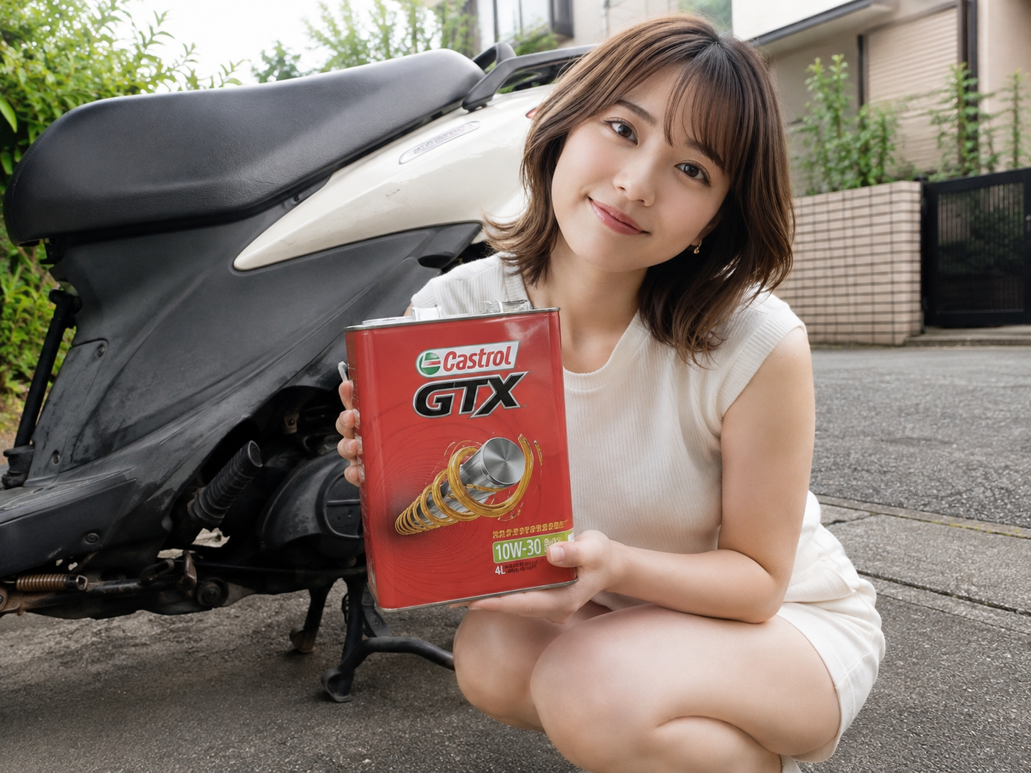 女性がアドレスV125Sの前でエンジンオイルを持っている