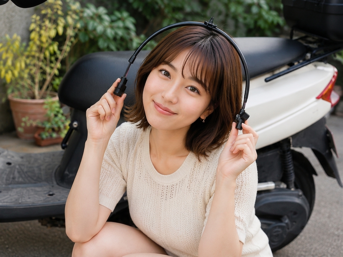女性がアドレスV125Sのスピードセンサーを頭につけて微笑んでいる